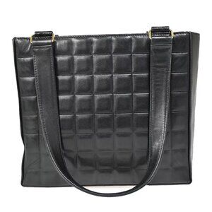 CHANEL CC Logo Chocolate Bar Tote Shoulder Bag Leather Black Gold Italy